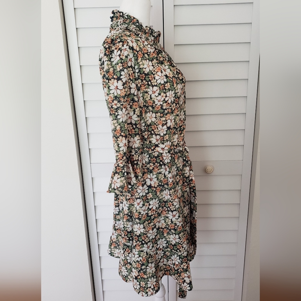 Allegra K Floral 3/4 Bell Sleeves Smocked Belted Flare Ruffle Dress Size S - Picture 6 of 16